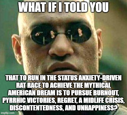 Life, Liberty, And The Pursuit Of All The Unhappiness That Money Can Buy | WHAT IF I TOLD YOU; THAT TO RUN IN THE STATUS ANXIETY-DRIVEN
RAT RACE TO ACHIEVE THE MYTHICAL
AMERICAN DREAM IS TO PURSUE BURNOUT,
PYRRHIC VICTORIES, REGRET, A MIDLIFE CRISIS,
DISCONTENTEDNESS, AND UNHAPPINESS? | image tagged in what if i told you,anxiety,american dream,burnout,unhappy,sad | made w/ Imgflip meme maker
