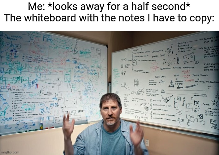 Let Me Explain | Me: *looks away for a half second*
The whiteboard with the notes I have to copy: | image tagged in let me explain | made w/ Imgflip meme maker
