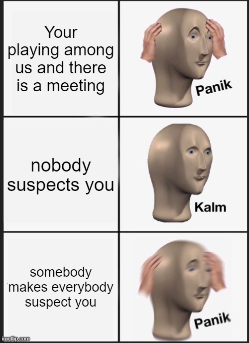 This is too true | Your playing among us and there is a meeting; nobody suspects you; somebody makes everybody suspect you | image tagged in memes,panik kalm panik | made w/ Imgflip meme maker