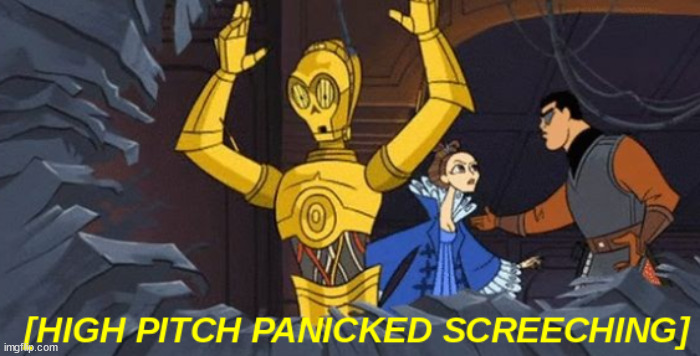 HIGH PITCH PANICKED SCREECHING (C3PO) | image tagged in high pitch panicked screeching c3po | made w/ Imgflip meme maker