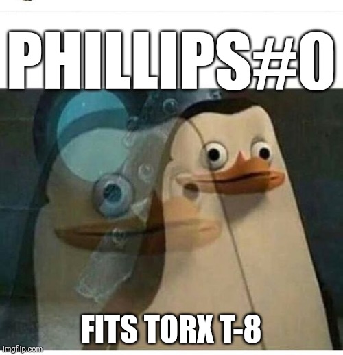 look at this tool hacker | PHILLIPS#0; FITS TORX T-8 | image tagged in madagascar meme,life hack,funny | made w/ Imgflip meme maker