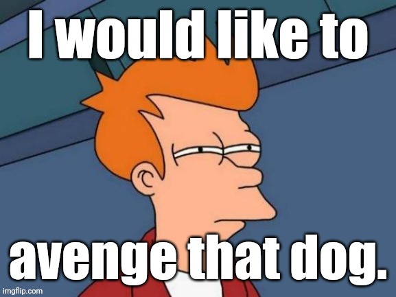 Fry is not sure... | I would like to avenge that dog. | image tagged in fry is not sure | made w/ Imgflip meme maker