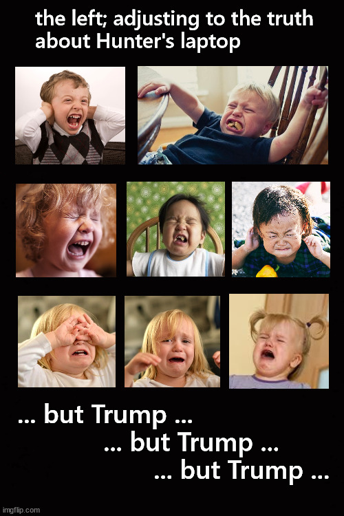 the left; adjusting to the truth  about Hunter's laptop |  the left; adjusting to the truth 
about Hunter's laptop; ... but Trump ...
            ... but Trump ...
                   ... but Trump ... | image tagged in hunter's laptop | made w/ Imgflip meme maker