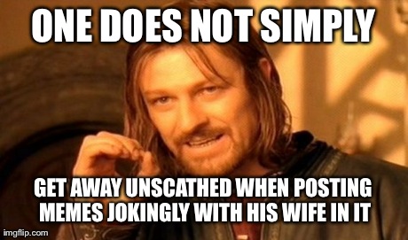One Does Not Simply Meme | ONE DOES NOT SIMPLY GET AWAY UNSCATHED WHEN POSTING MEMES JOKINGLY WITH HIS WIFE IN IT | image tagged in memes,one does not simply | made w/ Imgflip meme maker