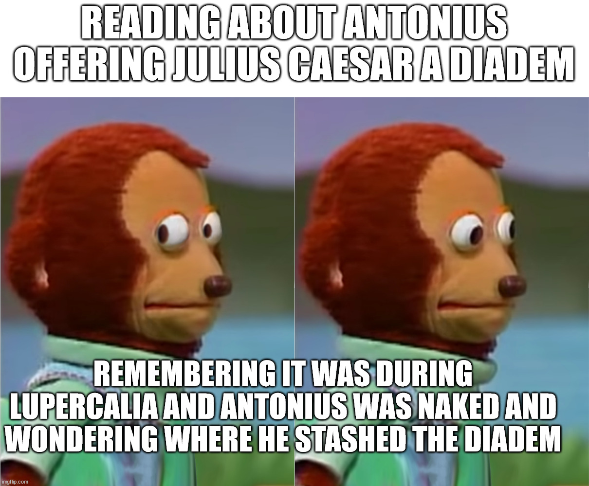 Where does he stashed the diadem? | READING ABOUT ANTONIUS OFFERING JULIUS CAESAR A DIADEM; REMEMBERING IT WAS DURING LUPERCALIA AND ANTONIUS WAS NAKED AND WONDERING WHERE HE STASHED THE DIADEM | image tagged in puppet monkey looking away,julus caesar,marcus antonius,roman history,roman republic,roman empire | made w/ Imgflip meme maker