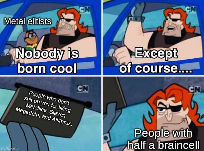 Nobody is born cool | People who don't shit on you for liking Metallica, Slayer, Megadeth, and ANthrax. Metal elitists People with half a braincell | image tagged in nobody is born cool | made w/ Imgflip meme maker