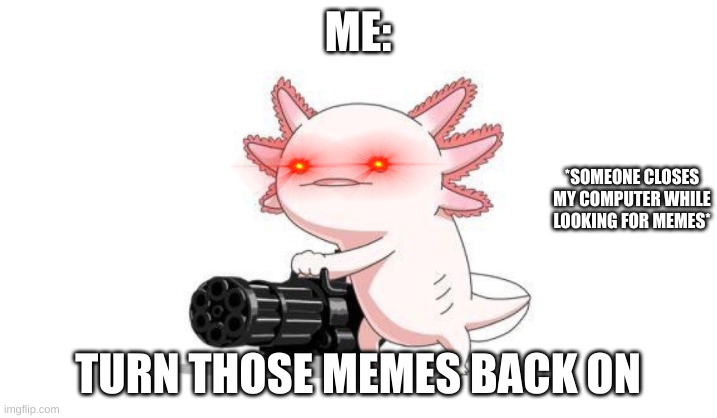 Axolotl gun | ME:; *SOMEONE CLOSES MY COMPUTER WHILE LOOKING FOR MEMES*; TURN THOSE MEMES BACK ON | image tagged in axolotl gun,so true memes,dank memes,relatable memes | made w/ Imgflip meme maker
