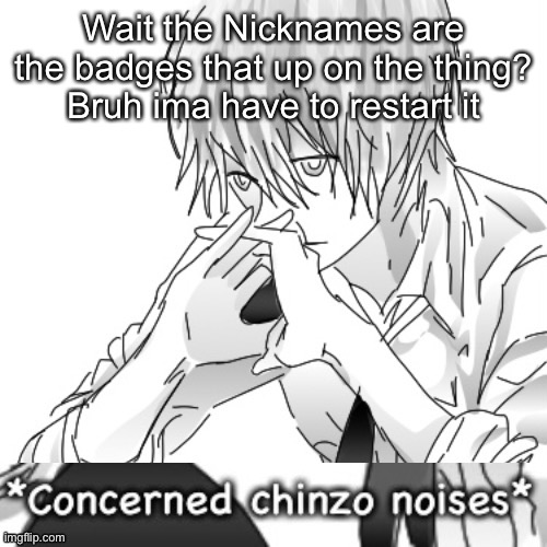 I didn’t know :( | Wait the Nicknames are the badges that up on the thing?
Bruh ima have to restart it | image tagged in concerned chinzo noises | made w/ Imgflip meme maker