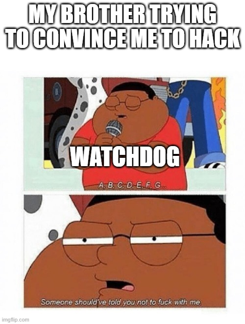 why bro WHYYYYYYY | MY BROTHER TRYING TO CONVINCE ME TO HACK; WATCHDOG | image tagged in abcdefg | made w/ Imgflip meme maker