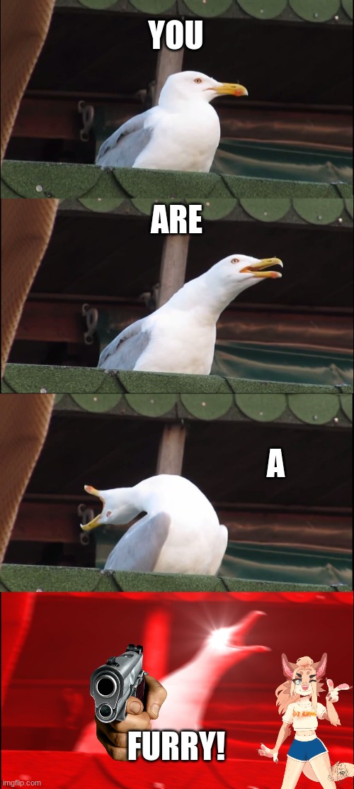 Inhaling Seagull | YOU; ARE; A; FURRY! | image tagged in memes,inhaling seagull | made w/ Imgflip meme maker