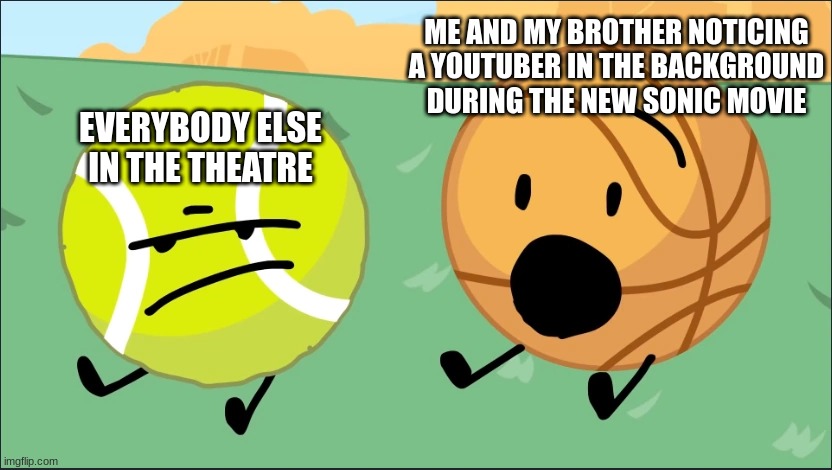 well that happened.... | ME AND MY BROTHER NOTICING A YOUTUBER IN THE BACKGROUND DURING THE NEW SONIC MOVIE; EVERYBODY ELSE IN THE THEATRE | image tagged in tennis ball and basketball | made w/ Imgflip meme maker