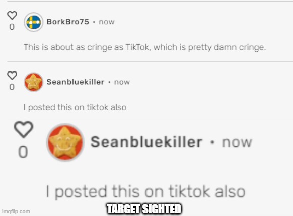 TARGET SIGHTED | TARGET SIGHTED | image tagged in tiktok sucks | made w/ Imgflip meme maker