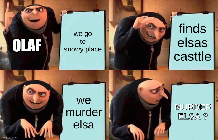 Gru's Plan Meme | we go to snowy place; finds elsas casttle; OLAF; we murder elsa; MURDER ELSA ? | image tagged in memes,gru's plan | made w/ Imgflip meme maker