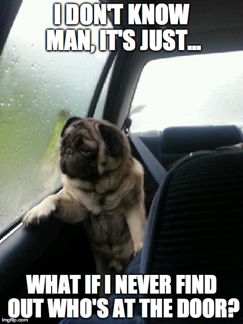 Introspective Pug | I DON'T KNOW MAN, IT'S JUST... WHAT IF I NEVER FIND OUT WHO'S AT THE DOOR? | image tagged in introspective pug | made w/ Imgflip meme maker