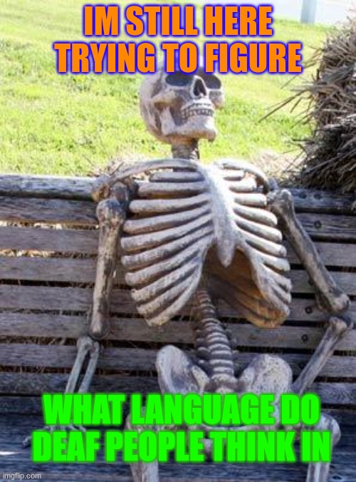 :/ | IM STILL HERE TRYING TO FIGURE; WHAT LANGUAGE DO DEAF PEOPLE THINK IN | image tagged in memes,waiting skeleton | made w/ Imgflip meme maker