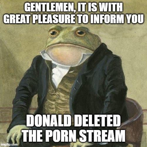 . | GENTLEMEN, IT IS WITH GREAT PLEASURE TO INFORM YOU; DONALD DELETED THE PORN STREAM | made w/ Imgflip meme maker