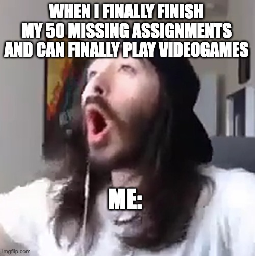 Wooooo yeah baby | WHEN I FINALLY FINISH MY 50 MISSING ASSIGNMENTS AND CAN FINALLY PLAY VIDEOGAMES; ME: | image tagged in wooooo yeah baby | made w/ Imgflip meme maker