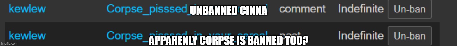 e | UNBANNED CINNA; APPARENLY CORPSE IS BANNED TOO? | image tagged in e | made w/ Imgflip meme maker