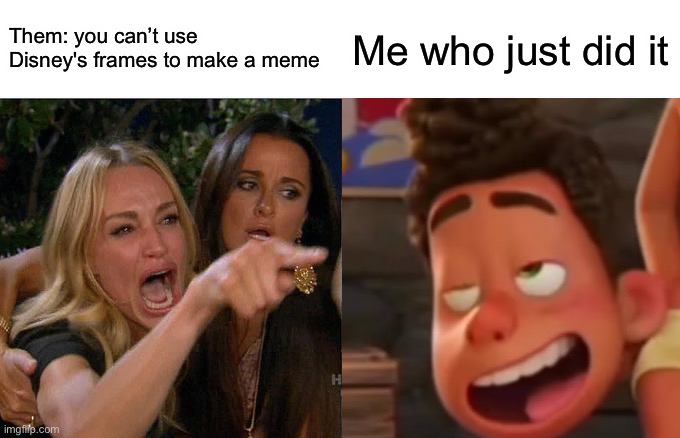 Me being hilarious | Them: you can’t use Disney's frames to make a meme; Me who just did it | image tagged in grumpy cat | made w/ Imgflip meme maker