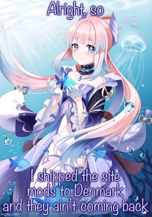 Sangonomiya Kokomi | Alright, so; I shipped the site mods to Denmark and they ain’t coming back | image tagged in sangonomiya kokomi | made w/ Imgflip meme maker
