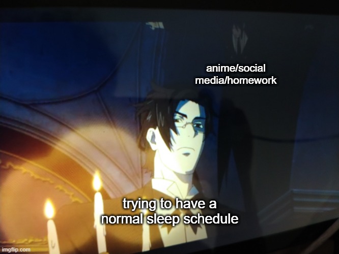 .... | anime/social media/homework; trying to have a normal sleep schedule | image tagged in meme,memes,unfunny,front page | made w/ Imgflip meme maker