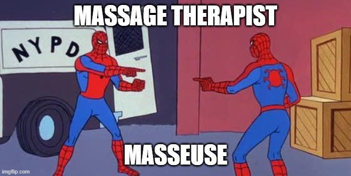 Massage therapist or masseuse | MASSAGE THERAPIST; MASSEUSE | image tagged in spider man double | made w/ Imgflip meme maker