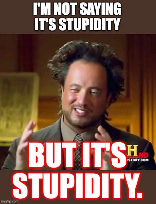 Ancient Aliens Meme | I'M NOT SAYING
IT'S STUPIDITY BUT IT'S
STUPIDITY. | image tagged in memes,ancient aliens | made w/ Imgflip meme maker