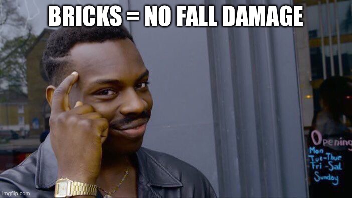 Roll Safe Think About It Meme | BRICKS = NO FALL DAMAGE | image tagged in memes,roll safe think about it | made w/ Imgflip meme maker