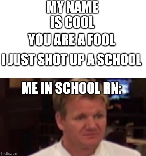 when the queit kid says go to the bathroom | MY NAME IS COOL; YOU ARE A FOOL; I JUST SHOT UP A SCHOOL; ME IN SCHOOL RN: | image tagged in disgusted gordon ramsay | made w/ Imgflip meme maker
