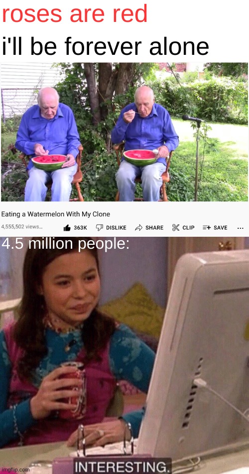 it's quite the video, actually | roses are red; i'll be forever alone; 4.5 million people: | image tagged in icarly interesting,funny,memes,funny memes,barney will eat all of your delectable biscuits,roses are red | made w/ Imgflip meme maker