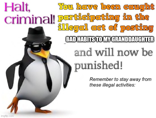 halt criminal! | BAD HABITS TO MY GRANDDAUGHTER | image tagged in halt criminal | made w/ Imgflip meme maker