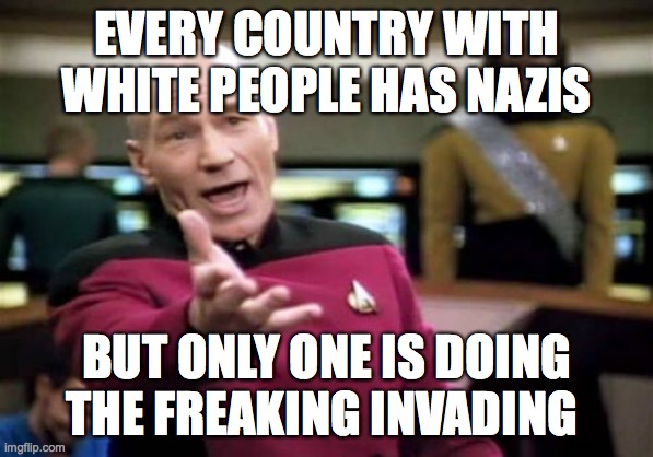 Picard Wtf Meme | EVERY COUNTRY WITH WHITE PEOPLE HAS NAZIS; BUT ONLY ONE IS DOING THE FREAKING INVADING | image tagged in memes,picard wtf | made w/ Imgflip meme maker