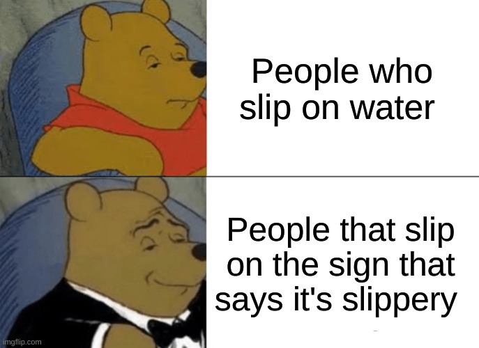 ⚠caution⚠ | People who slip on water; People that slip on the sign that says it's slippery | image tagged in memes,tuxedo winnie the pooh | made w/ Imgflip meme maker