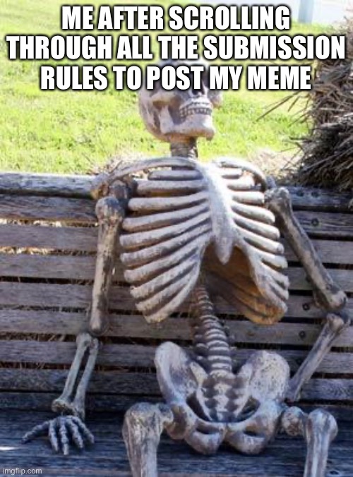 Waiting Skeleton Meme | ME AFTER SCROLLING THROUGH ALL THE SUBMISSION RULES TO POST MY MEME | image tagged in memes,waiting skeleton | made w/ Imgflip meme maker