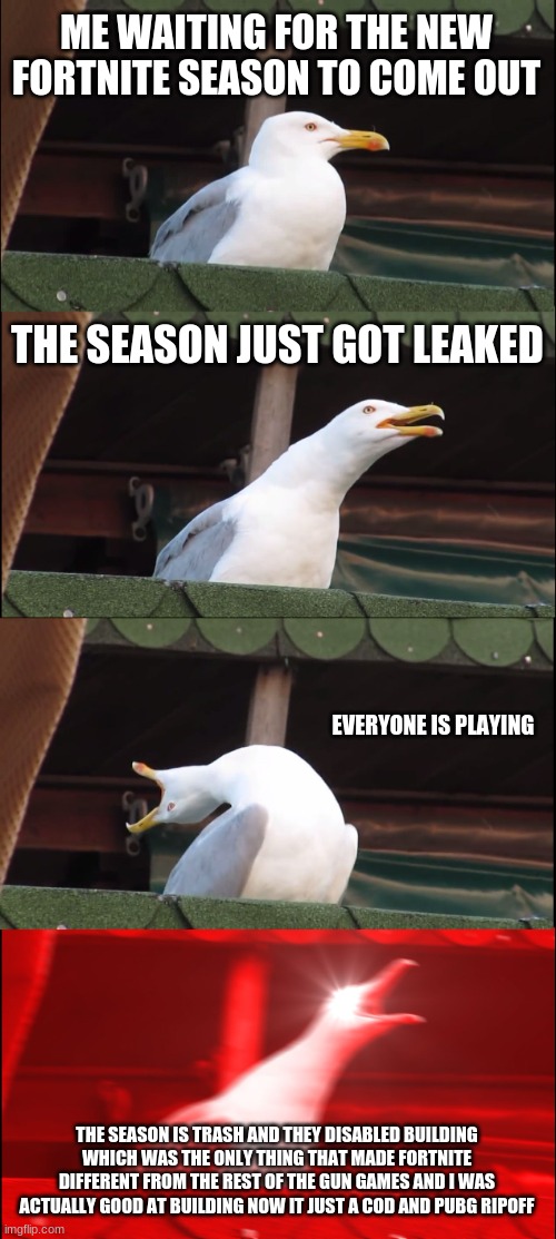 seagull says facts | ME WAITING FOR THE NEW FORTNITE SEASON TO COME OUT; THE SEASON JUST GOT LEAKED; EVERYONE IS PLAYING; THE SEASON IS TRASH AND THEY DISABLED BUILDING WHICH WAS THE ONLY THING THAT MADE FORTNITE DIFFERENT FROM THE REST OF THE GUN GAMES AND I WAS ACTUALLY GOOD AT BUILDING NOW IT JUST A COD AND PUBG RIPOFF | image tagged in memes,inhaling seagull | made w/ Imgflip meme maker