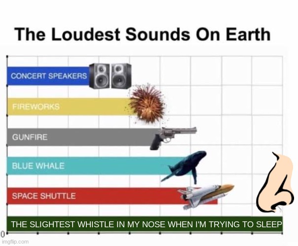 qazsxdcfvgbhnjm,l.; | THE SLIGHTEST WHISTLE IN MY NOSE WHEN I'M TRYING TO SLEEP | image tagged in the loudest sounds on earth | made w/ Imgflip meme maker