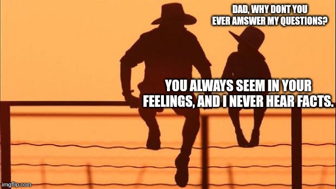 Cowboy father and son | DAD, WHY DONT YOU EVER AMSWER MY QUESTIONS? YOU ALWAYS SEEM IN YOUR FEELINGS, AND I NEVER HEAR FACTS. | image tagged in cowboy father and son | made w/ Imgflip meme maker