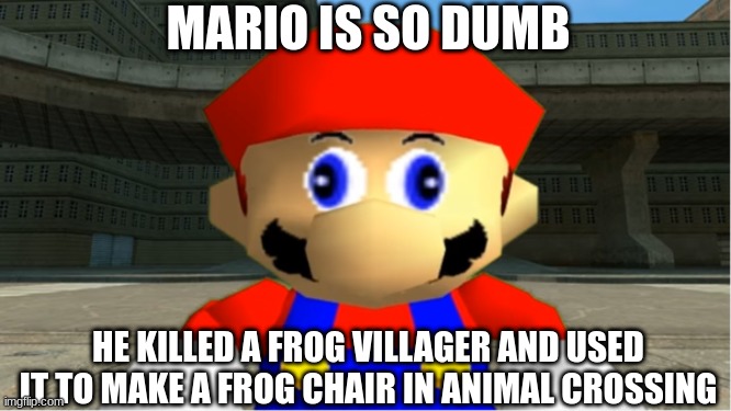 SMG4 Dumb Mario Jokes: If Mario was in Animal Crossing | MARIO IS SO DUMB; HE KILLED A FROG VILLAGER AND USED IT TO MAKE A FROG CHAIR IN ANIMAL CROSSING | image tagged in smg4 mario derp reaction,smg4,mario,animal crossing | made w/ Imgflip meme maker