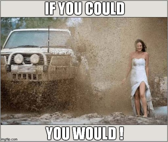 Muddy Temptation ! | IF YOU COULD; YOU WOULD ! | image tagged in mud,spray,drenched | made w/ Imgflip meme maker