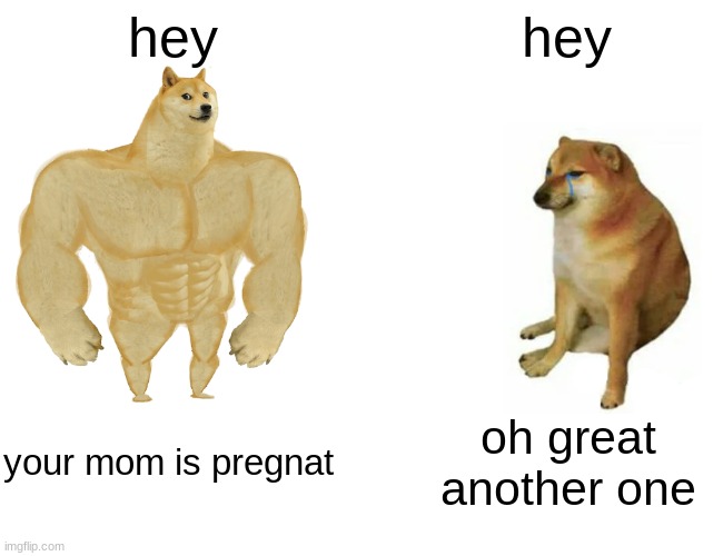 dogs | hey; hey; your mom is pregnat; oh great another one | image tagged in memes,buff doge vs cheems | made w/ Imgflip meme maker