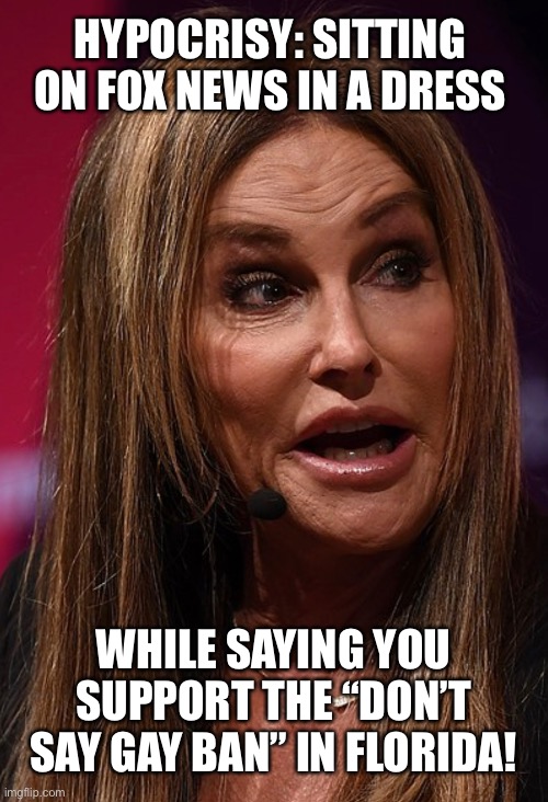 Don’t say gay | HYPOCRISY: SITTING ON FOX NEWS IN A DRESS; WHILE SAYING YOU SUPPORT THE “DON’T SAY GAY BAN” IN FLORIDA! | image tagged in florida ban,caitlyn jenner,trans ban,trans,jenner,dont say gay | made w/ Imgflip meme maker