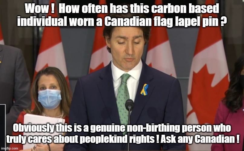 Justin Trudeau | Wow !  How often has this carbon based individual worn a Canadian flag lapel pin ? Obviously this is a genuine non-birthing person who
 truly cares about peoplekind rights ! Ask any Canadian ! | made w/ Imgflip meme maker