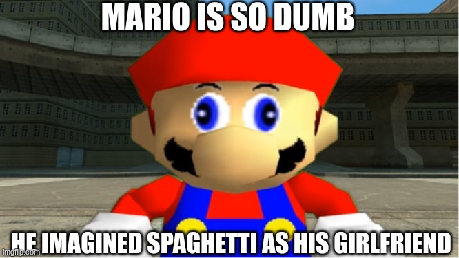SMG4 Dumb Mario Jokes: Spaghetti GF | MARIO IS SO DUMB; HE IMAGINED SPAGHETTI AS HIS GIRLFRIEND | image tagged in smg4 mario derp reaction,smg4,mario,spaghetti | made w/ Imgflip meme maker