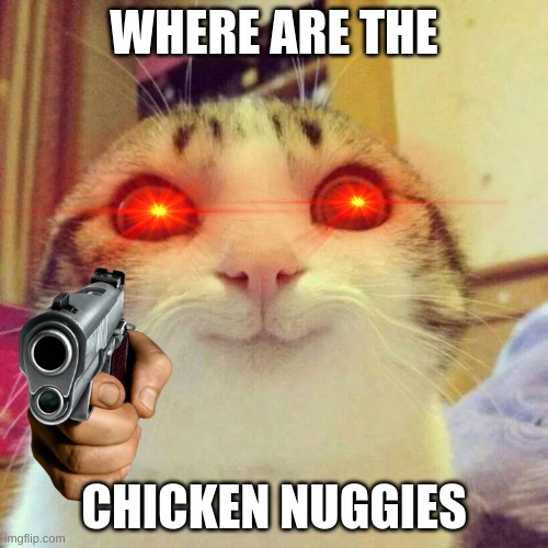 chickn nugs | WHERE ARE THE; CHICKEN NUGGIES | image tagged in memes,smiling cat | made w/ Imgflip meme maker