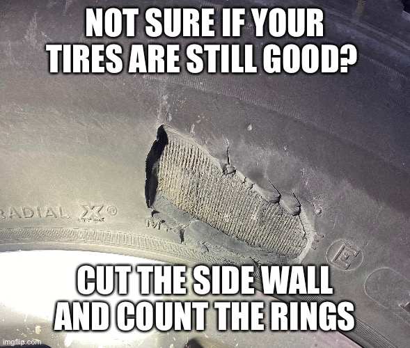 NOT SURE IF YOUR TIRES ARE STILL GOOD? CUT THE SIDE WALL AND COUNT THE RINGS | made w/ Imgflip meme maker