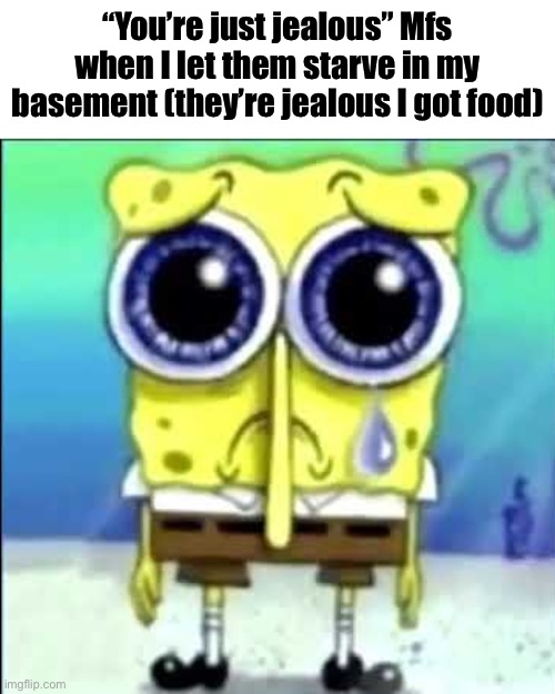 Sad Spongebob | “You’re just jealous” Mfs when I let them starve in my basement (they’re jealous I got food) | image tagged in sad spongebob | made w/ Imgflip meme maker
