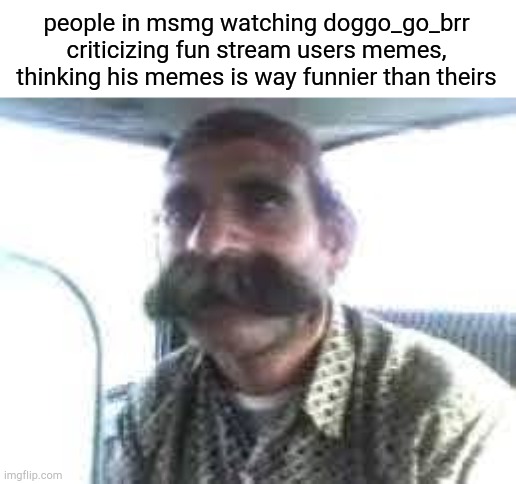 Large Moustache Guy | people in msmg watching doggo_go_brr criticizing fun stream users memes, thinking his memes is way funnier than theirs | image tagged in large moustache guy | made w/ Imgflip meme maker