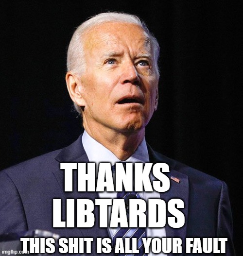 Joe Biden | THANKS 
LIBTARDS; THIS SHIT IS ALL YOUR FAULT | image tagged in joe biden | made w/ Imgflip meme maker