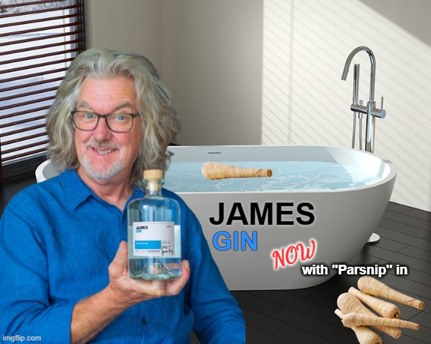 James May's Bathtub Gin | JAMES; NOW; GIN; with "Parsnip" in | image tagged in james may,gin,bathtub,parsnip,top gear,alcohol | made w/ Imgflip meme maker