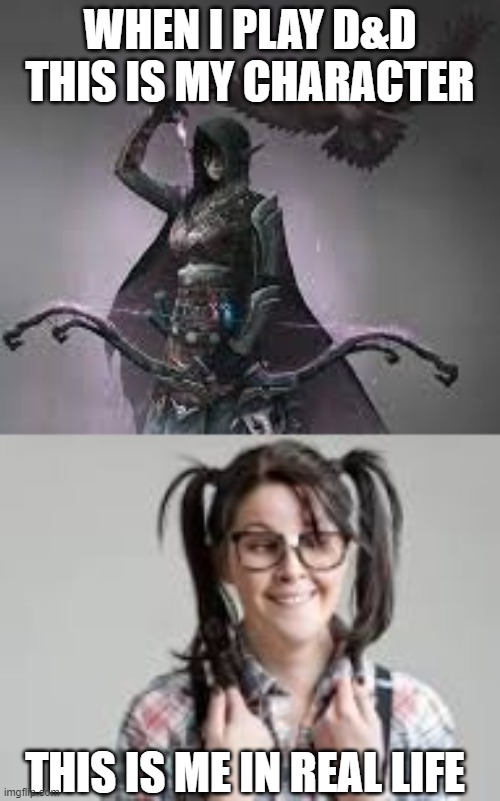dnd vs life you choose who is cooler | WHEN I PLAY D&D THIS IS MY CHARACTER; THIS IS ME IN REAL LIFE | image tagged in funny,dugeons and dragons,nerd,weird,lol so funny,upvote great | made w/ Imgflip meme maker